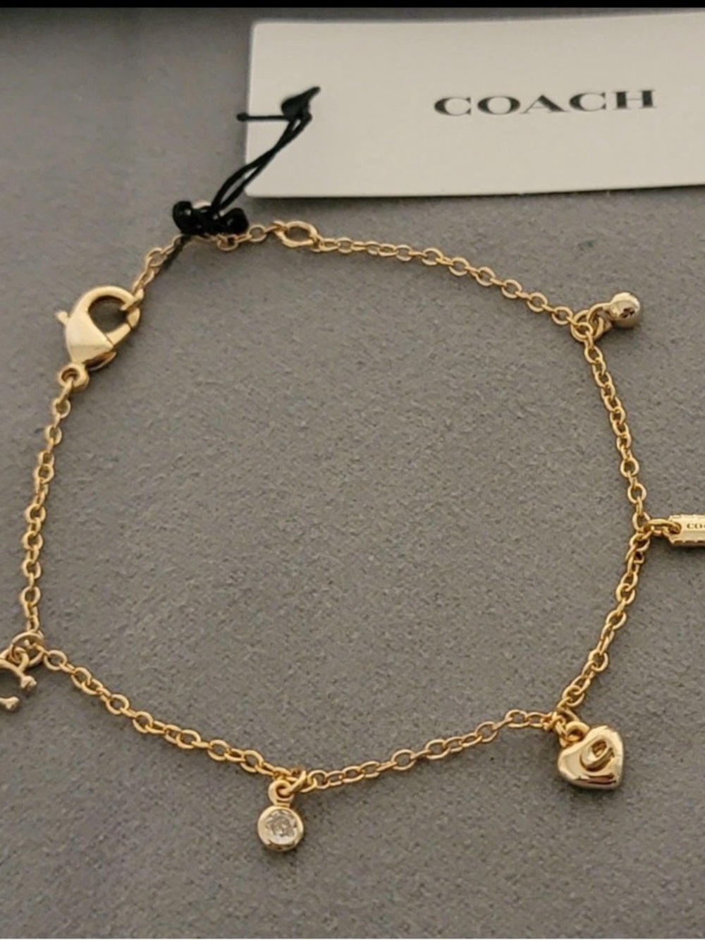 COACH Crystal Heart Charm Bracelet Gold-Tone Designer Jewelry